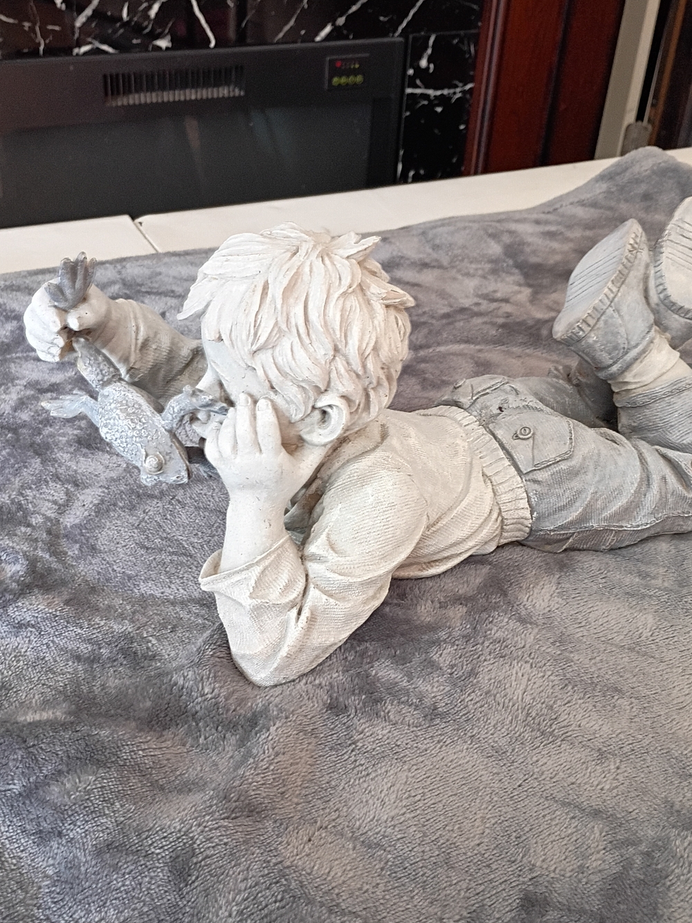 Neutral Resin-Look Boy with Fish Decorative Figurine - Home Accents